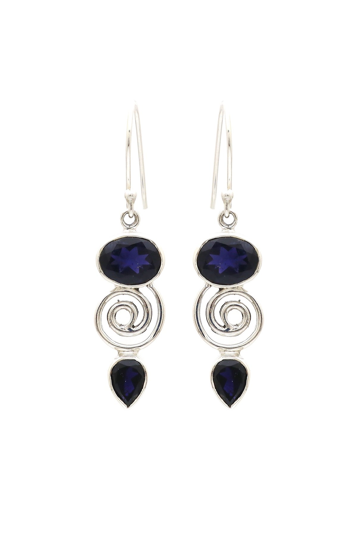 White Finish Blue Iolite Stone Dangler Earrings In Sterling Silver