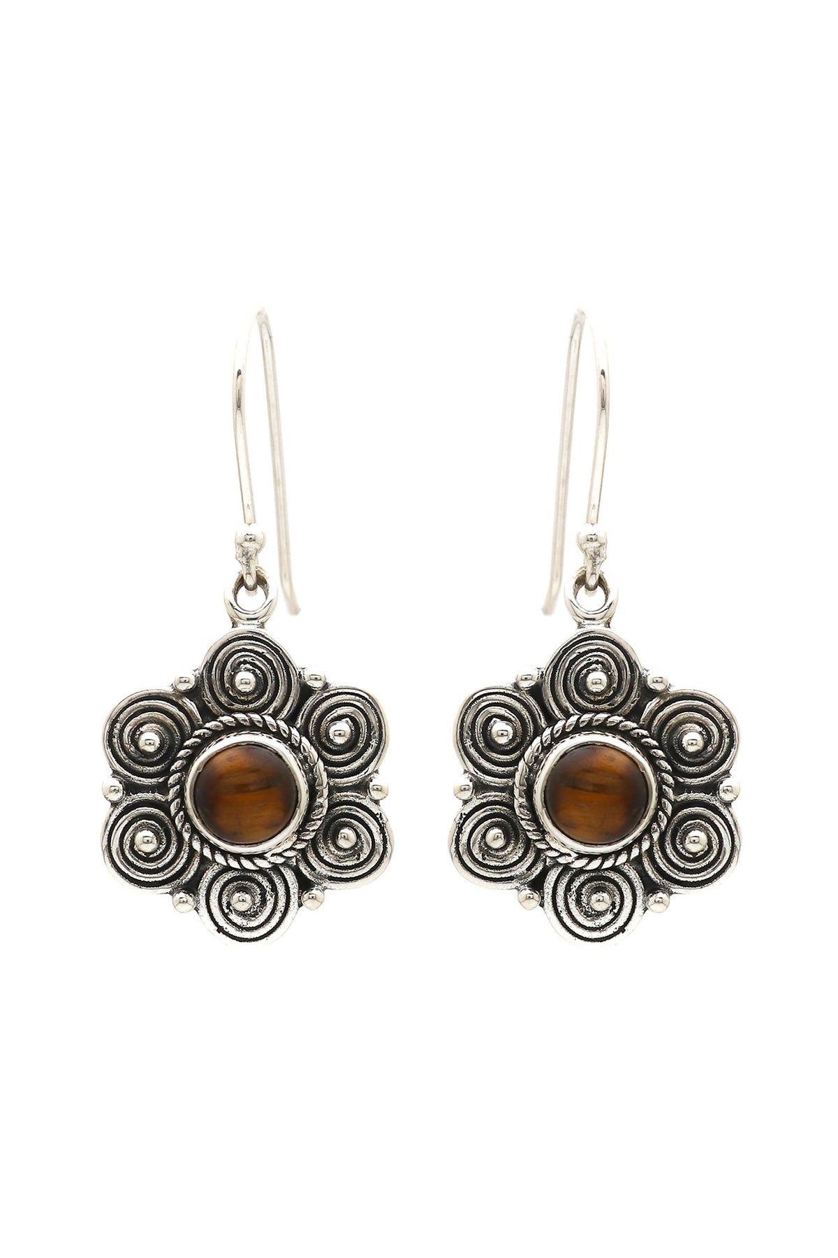 Oxidised Finish Tigers Eye Dangler Earrings In Sterling Silver