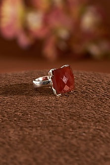 White Finish Red Onyx Gemstone Ring In Sterling Silver