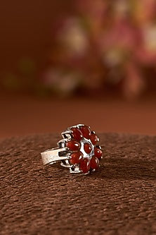 White Finish Red Onyx Gemstone Ring In Sterling Silver