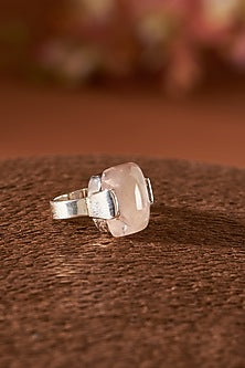 White Finish Rose Quartz Gemstone Ring In Sterling Silver