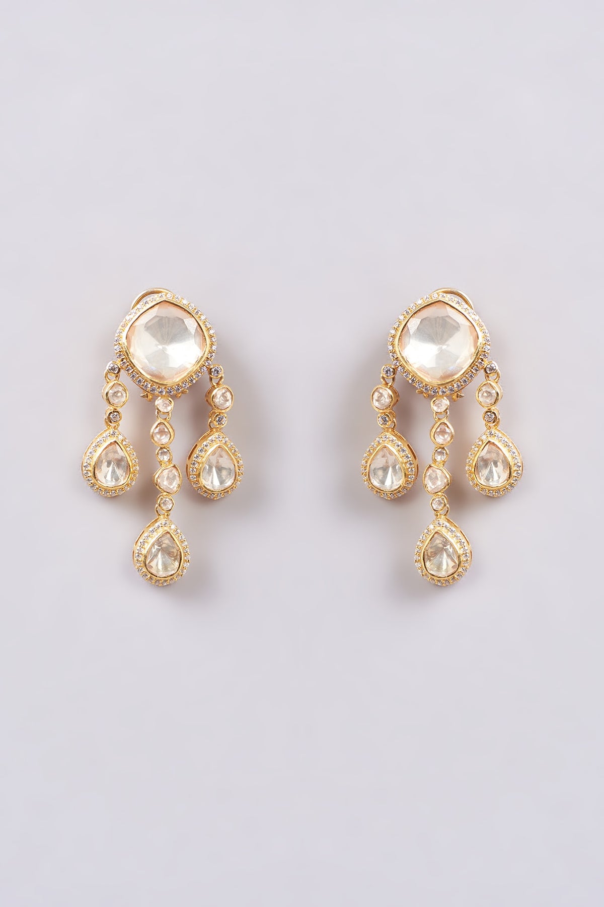 Gold Finish White Synthetic Stone Dangler Earrings In Sterling Silver