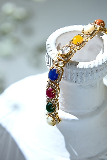Gold Finish Navratna Gemstone Bracelet In Sterling Silver