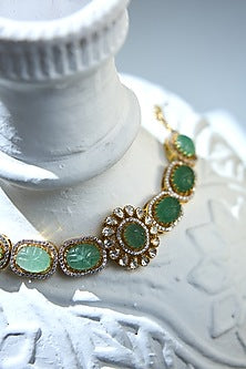 Gold Plated Green & White Stone Handcrafted Bracelet In Sterling Silver