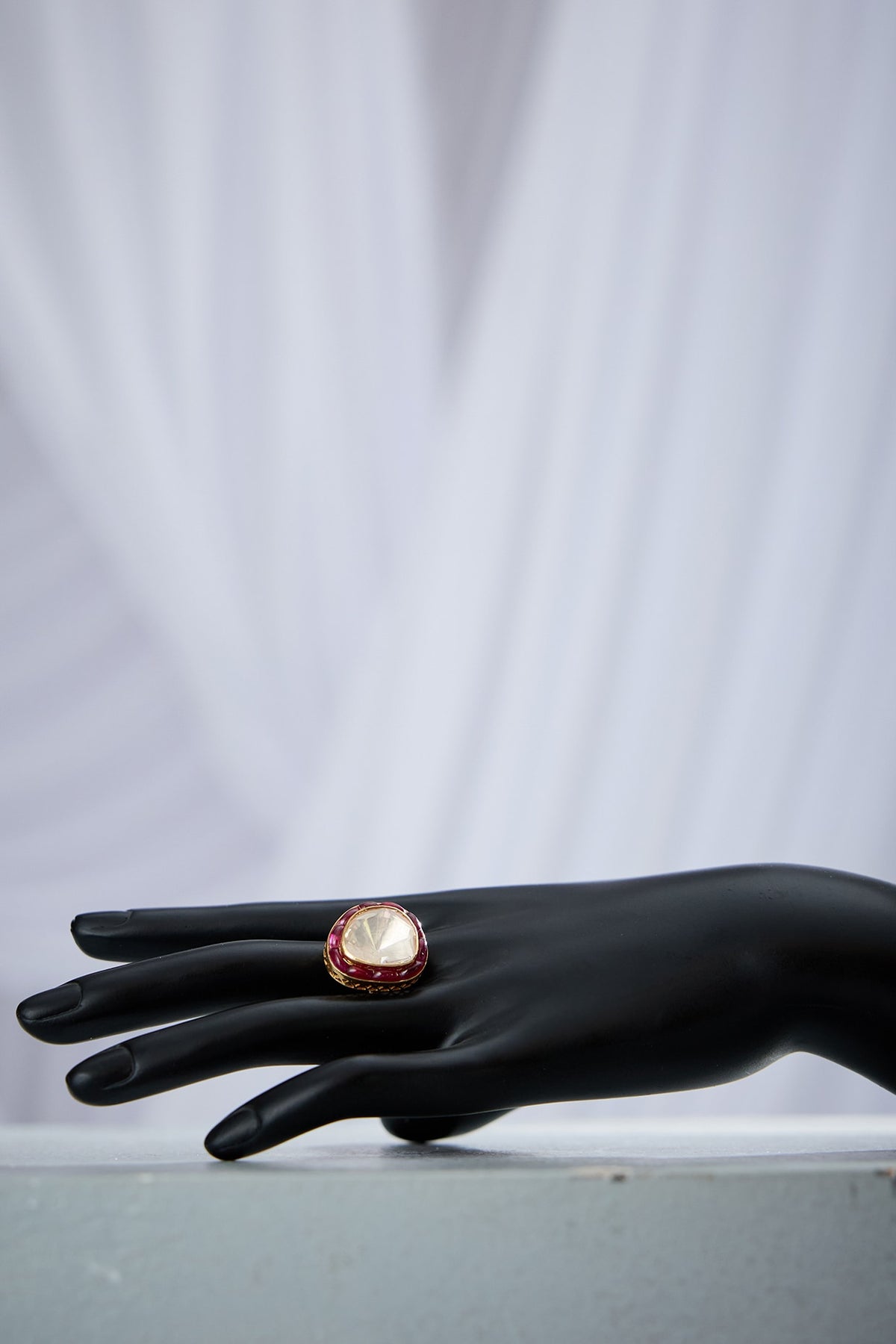 Gold Plated Red & White Stone Adjustable Ring In Sterling Silver