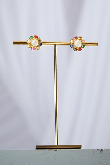 Gold Plated Multi-Colored Stone Stud Earrings In Sterling Silver
