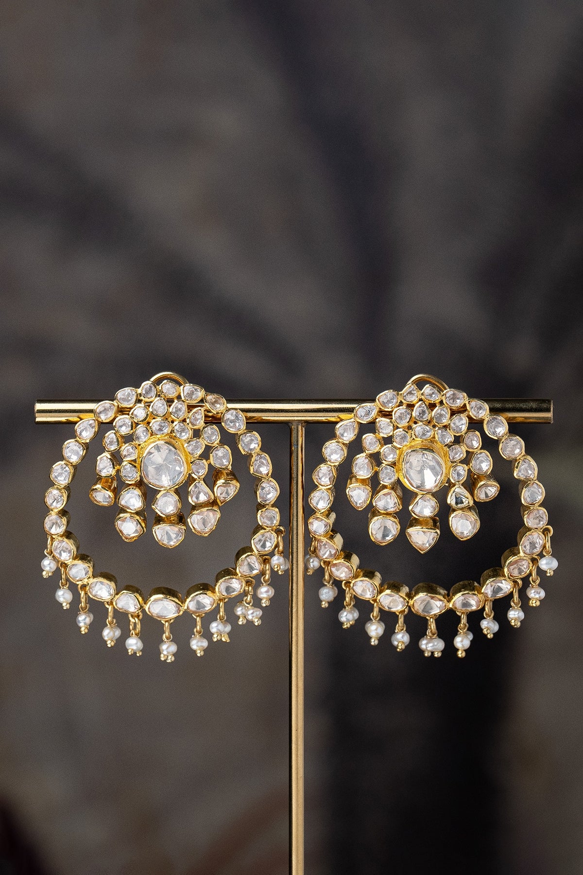 Gold Plated Moissanite Polki & Pearl Beaded Chandbali Earrings In Sterling Silver