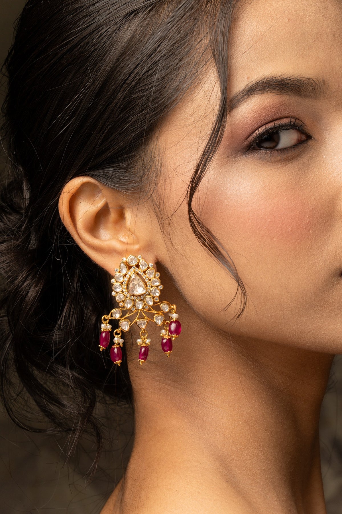 Gold Plated Moissanite Polki & Pink Stone Stud Earrings In Sterling Silver