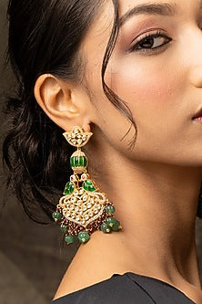 Gold Plated Moissanite Polki & Green Synthetic Stone Dangler Earrings In Sterling Silver