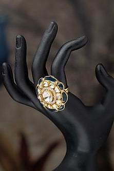 Gold Plated Moissanite Polki & Blue Synthetic Stone Ring In Sterling Silver