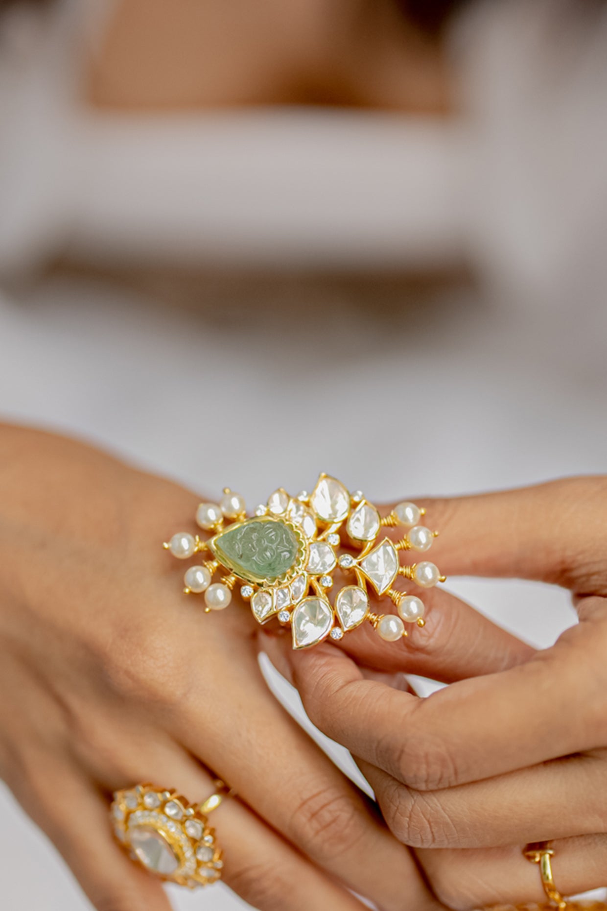 Gold Plated Moissanite Polki & Green Carved Stone Ring In Sterling Silver
