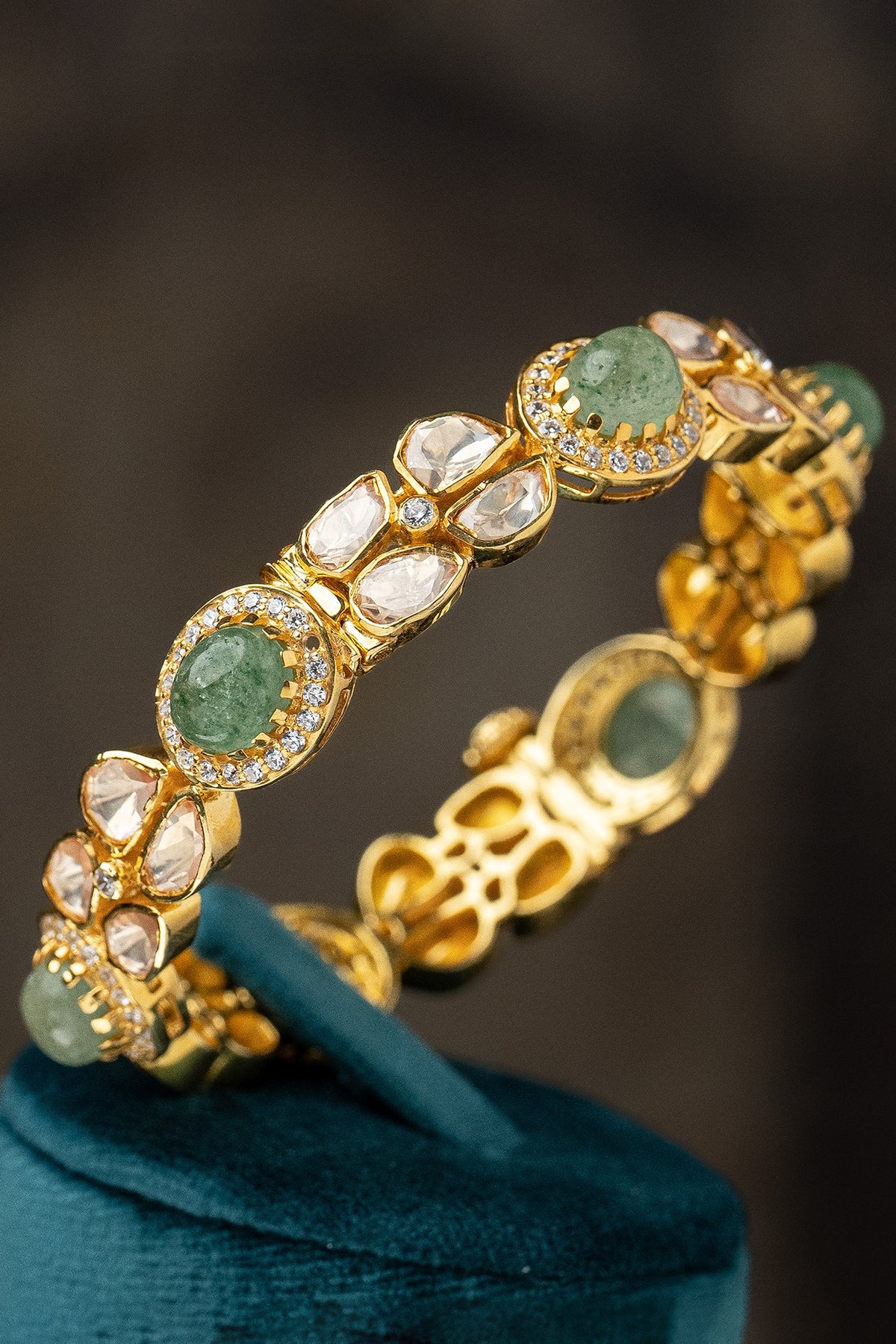 Gold Plated Moissanite Polki & Green Glass Stone Bangle In Sterling Silver