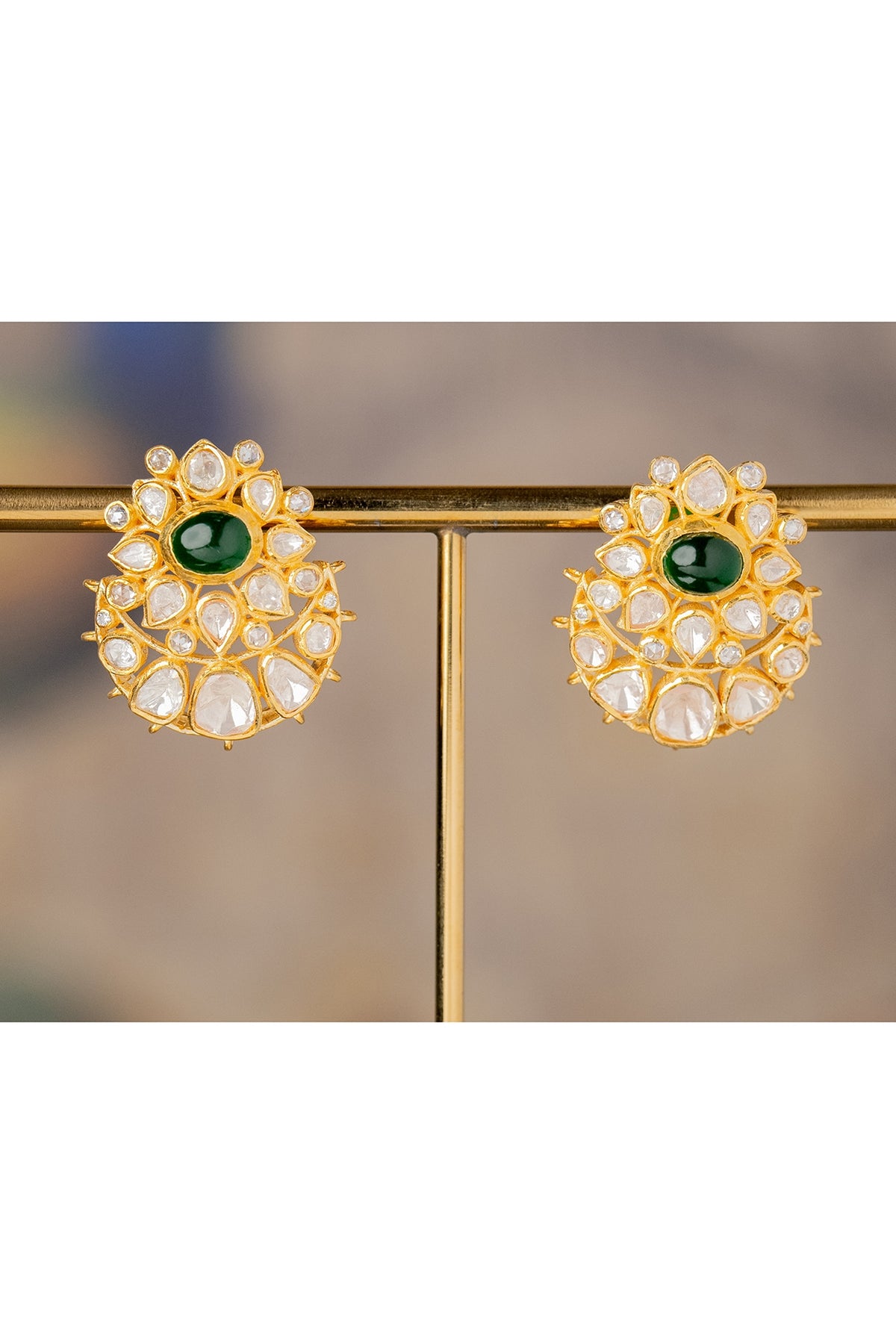 Gold Finish White Stone Stud Earrings In Sterling Silver