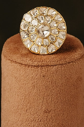 Gold Finish Kundan Polki Floral Ring In Sterling Silver