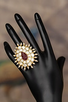 Gold Plated Kundan Polki & Ruby Stone Ring In Sterling Silver