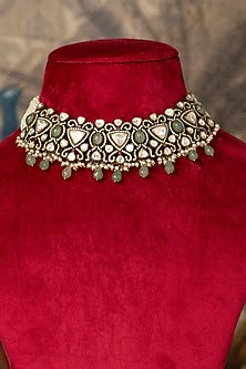 Gold Finish Green Kundan Polki Necklace In Sterling Silver
