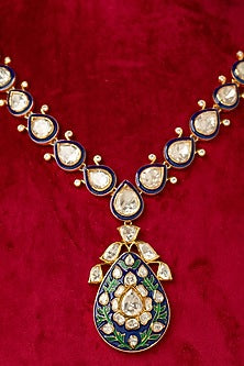 Gold Plated Blue Kundan Polki Necklace In Sterling Silver