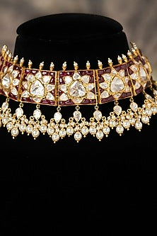 Gold Plated Red Kundan Polki Necklace In Sterling Silver
