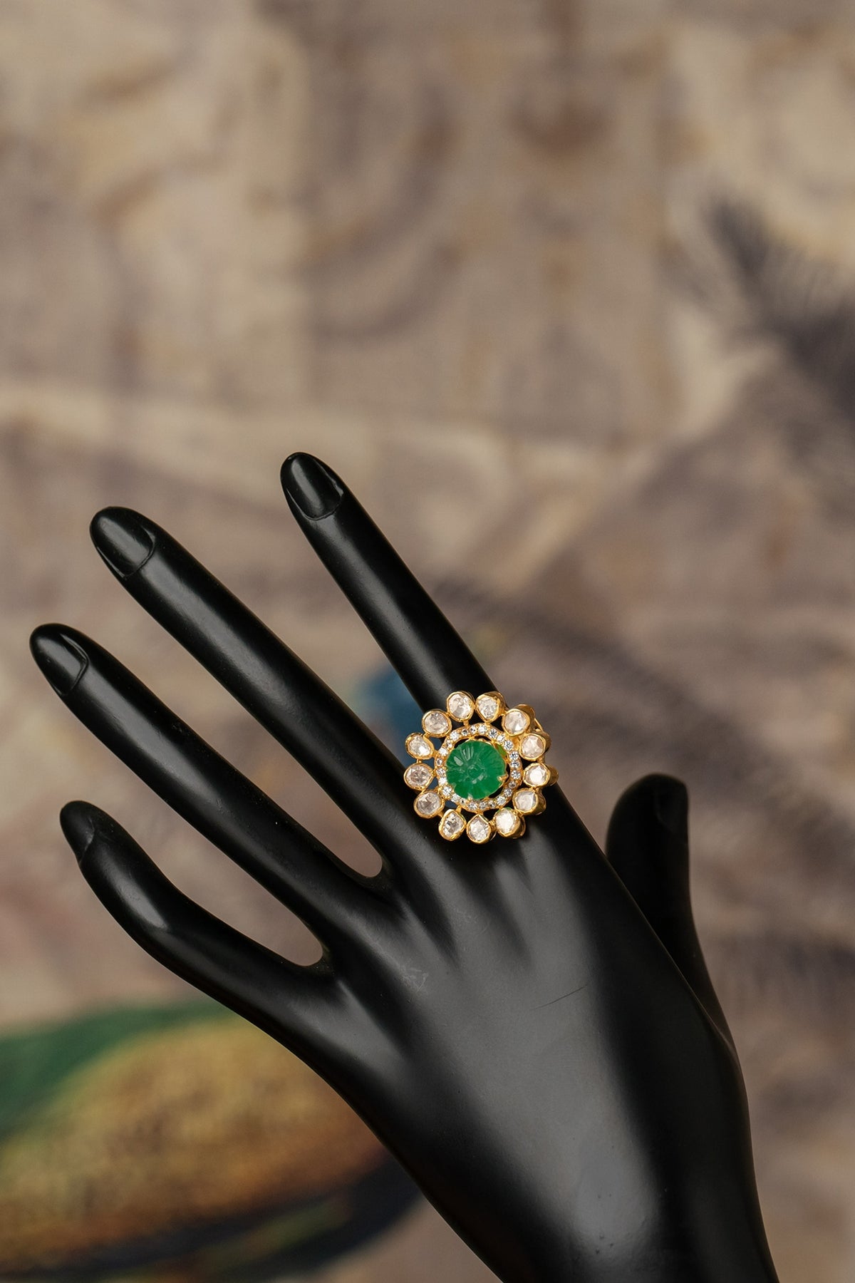 Gold Plated Green Kundan Polki Ring In Sterling Silver