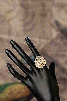 Gold Plated White Kundan Polki Ring In Sterling Silver