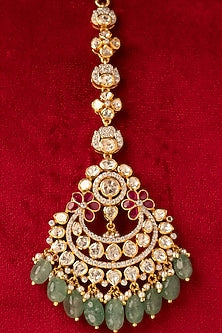 Gold Finish Moissanite Polki & Zircon Maangtikka In Sterling Silver