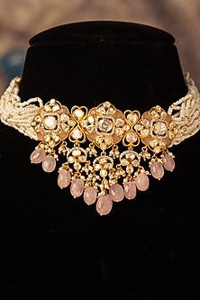 Gold Plated Pink Kundan Polki Choker Necklace In Sterling Silver