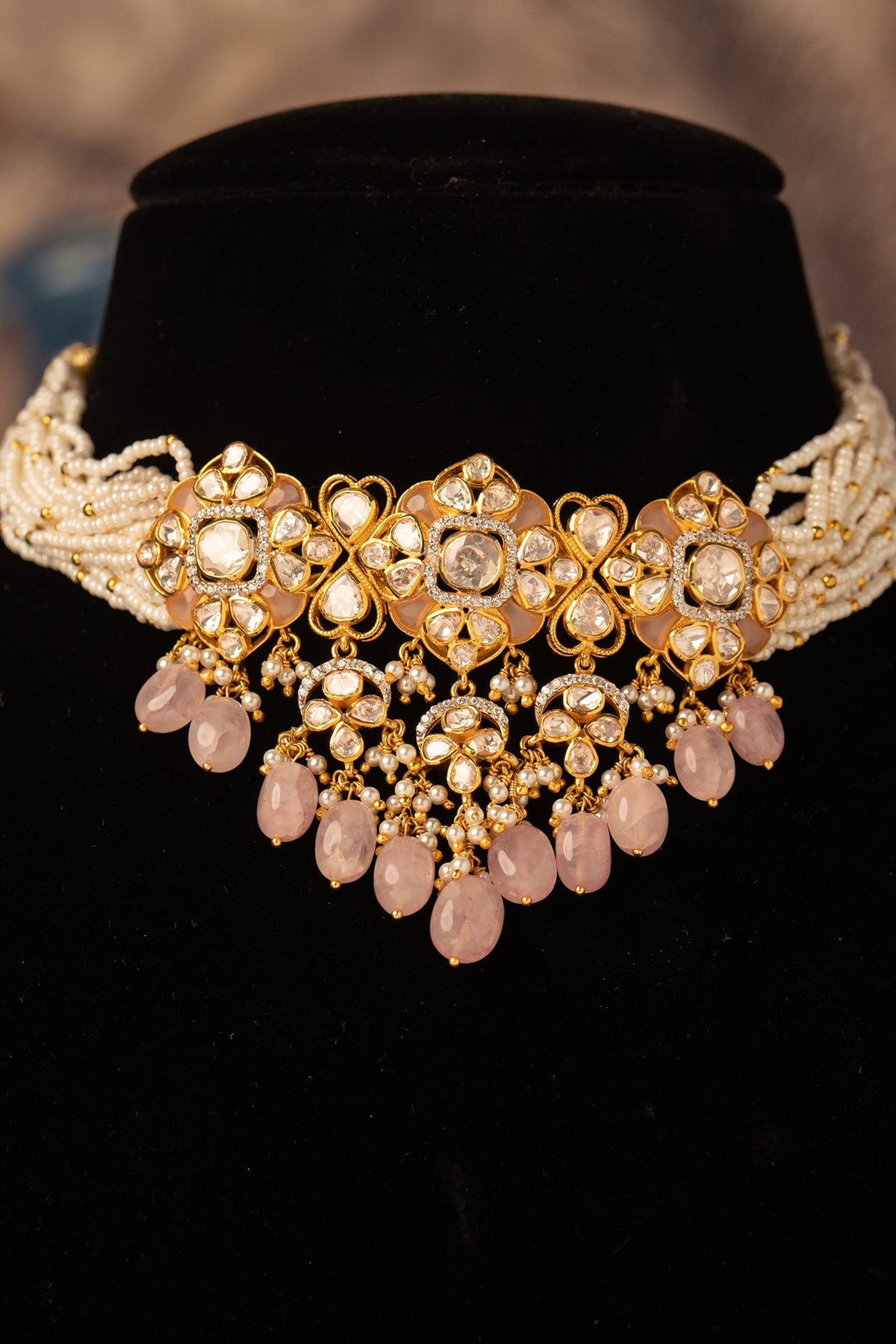 Gold Plated Pink Kundan Polki Choker Necklace In Sterling Silver