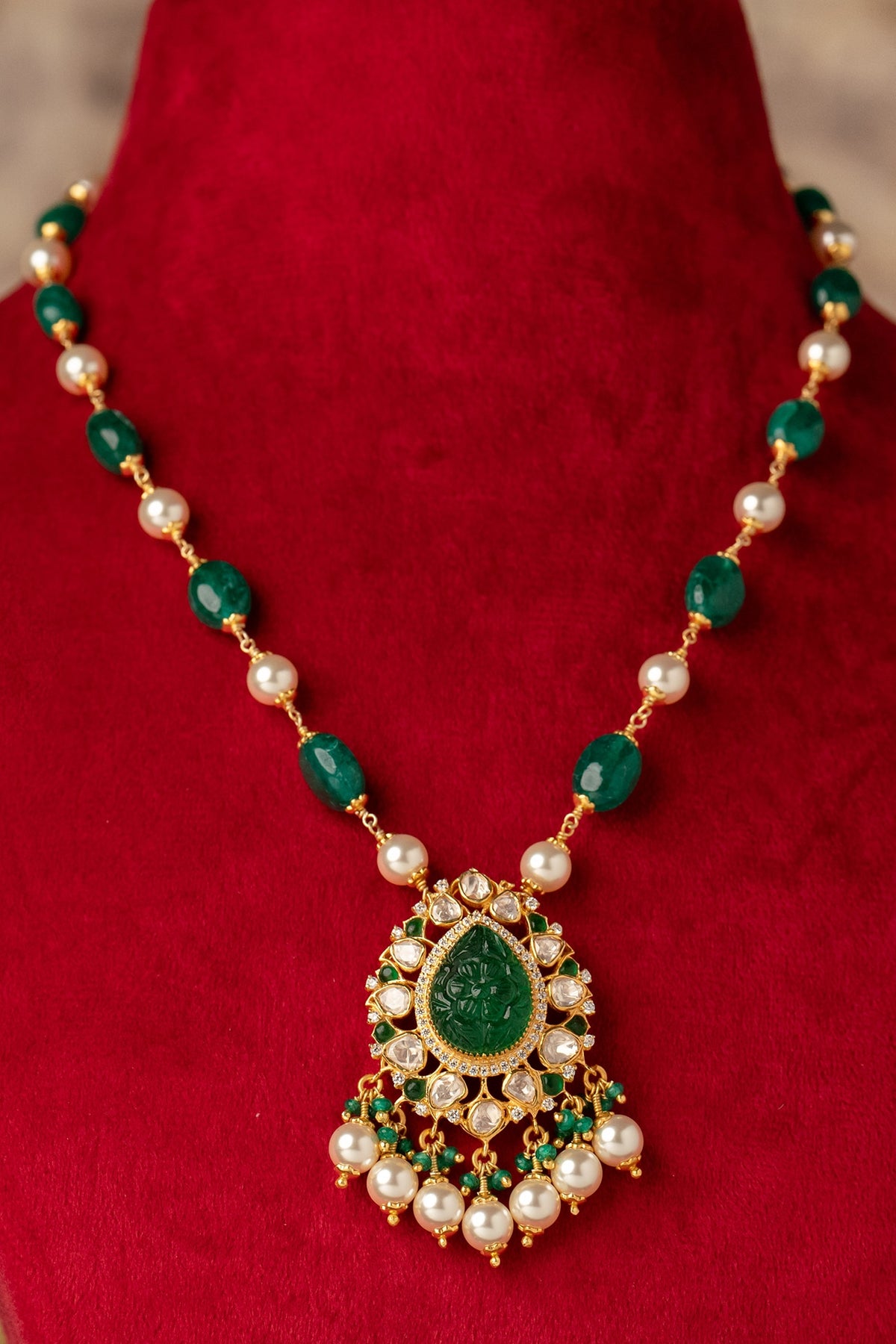 Gold Plated Green Kundan Polki Long Necklace In Sterling Silver