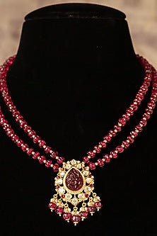 Gold Plated Red Kundan Polki Long Necklace In Sterling Silver