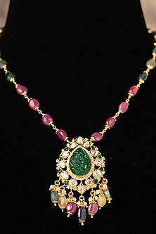 Gold Plated Green Kundan Polki Long Necklace In Sterling Silver