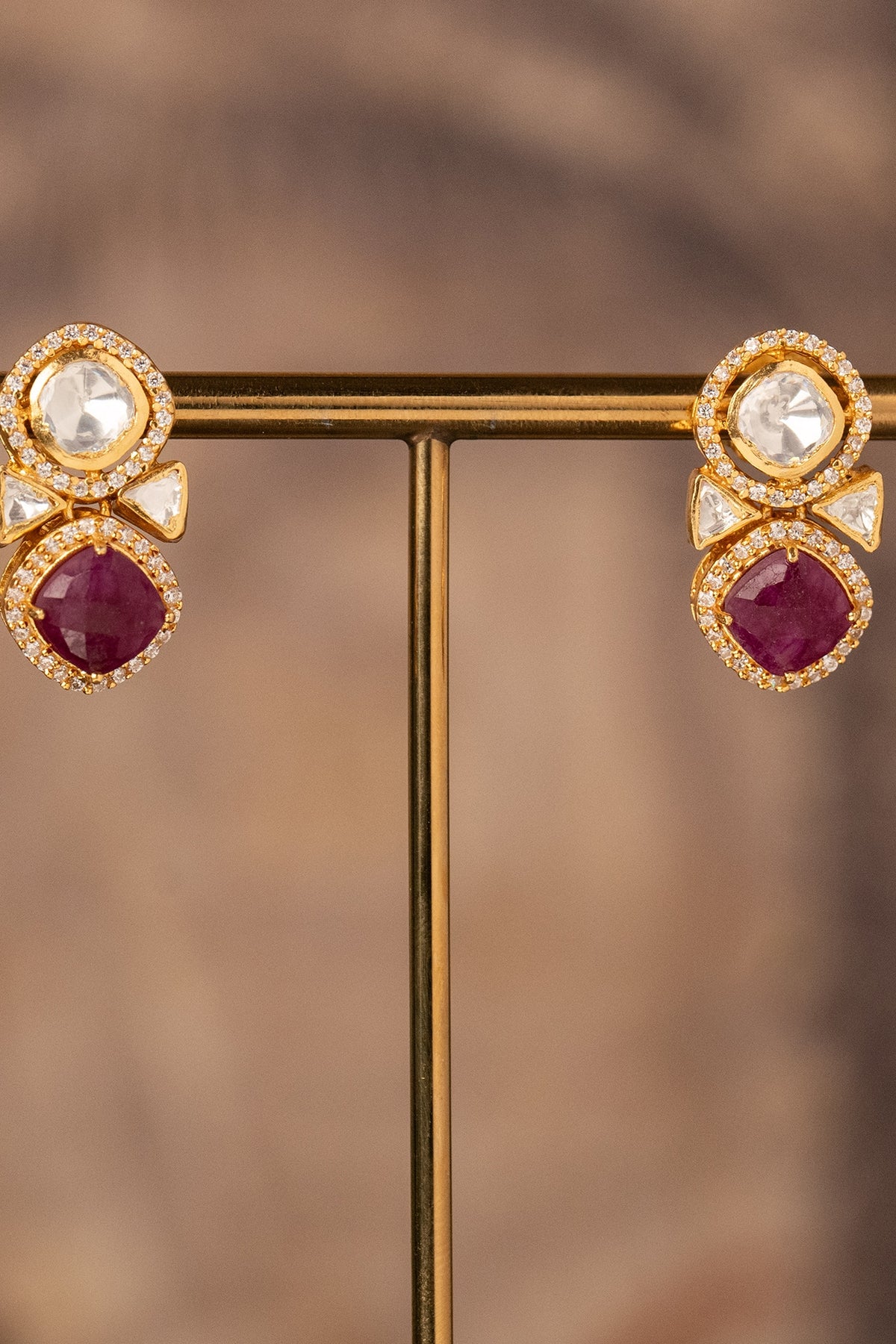 Gold Plated Red Kundan Polki Stud Earrings In Sterling Silver