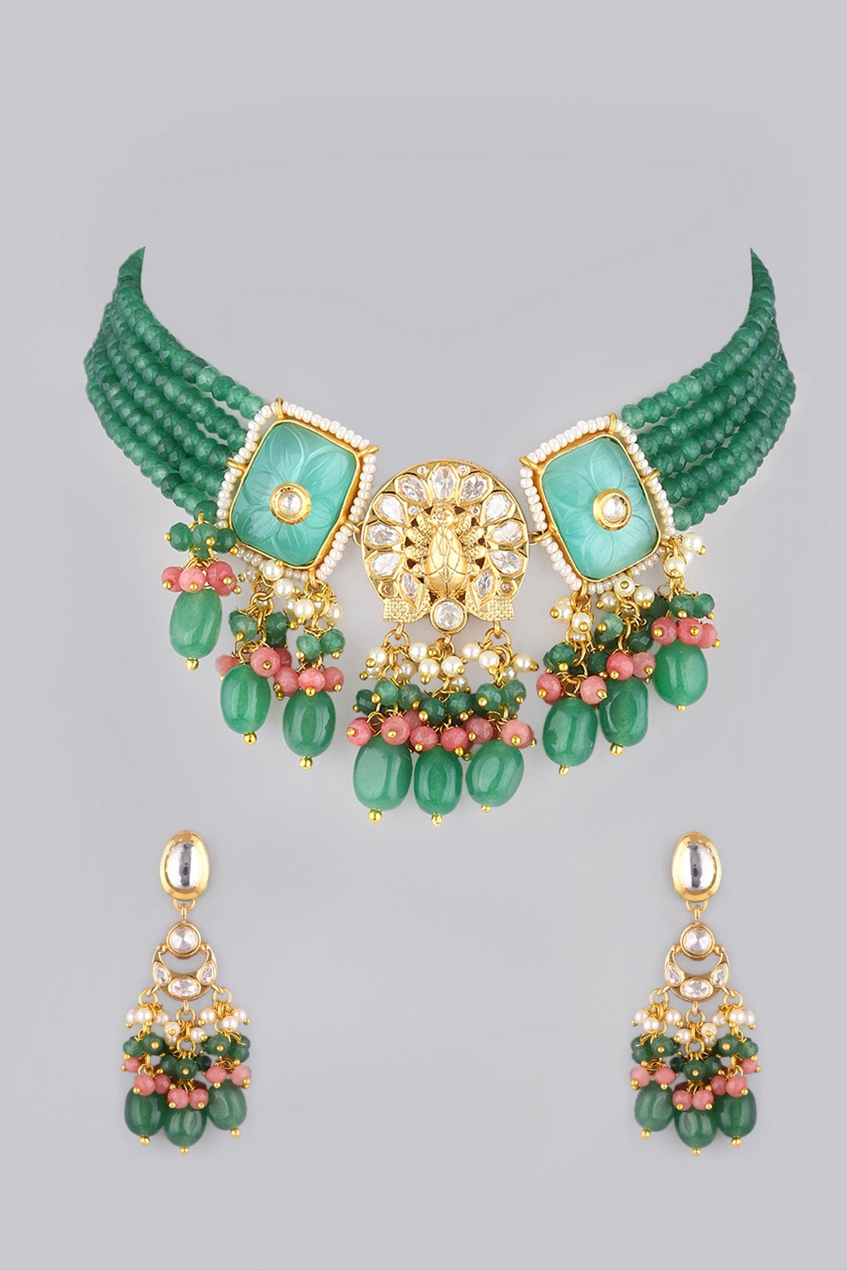 Gold Finish Kundan Polki & Green Beaded Choker Necklace