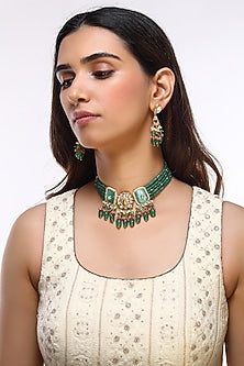 Gold Finish Kundan Polki & Green Beaded Choker Necklace