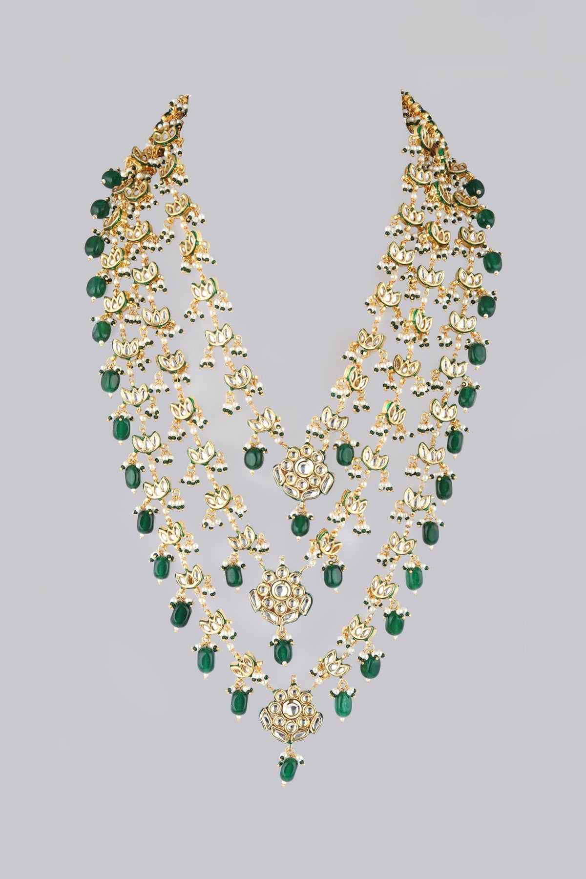 Gold Finish Green Drops Layered Necklace