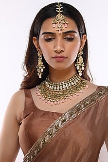 Gold Finish Kundan Polki & Mint Beaded Choker Necklace