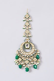 Gold Finish Kundan Polki & Dark Green Beaded Choker Necklace Set