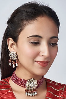 White Finish Kundan Polki & Zircon Beaded Choker Necklace Set