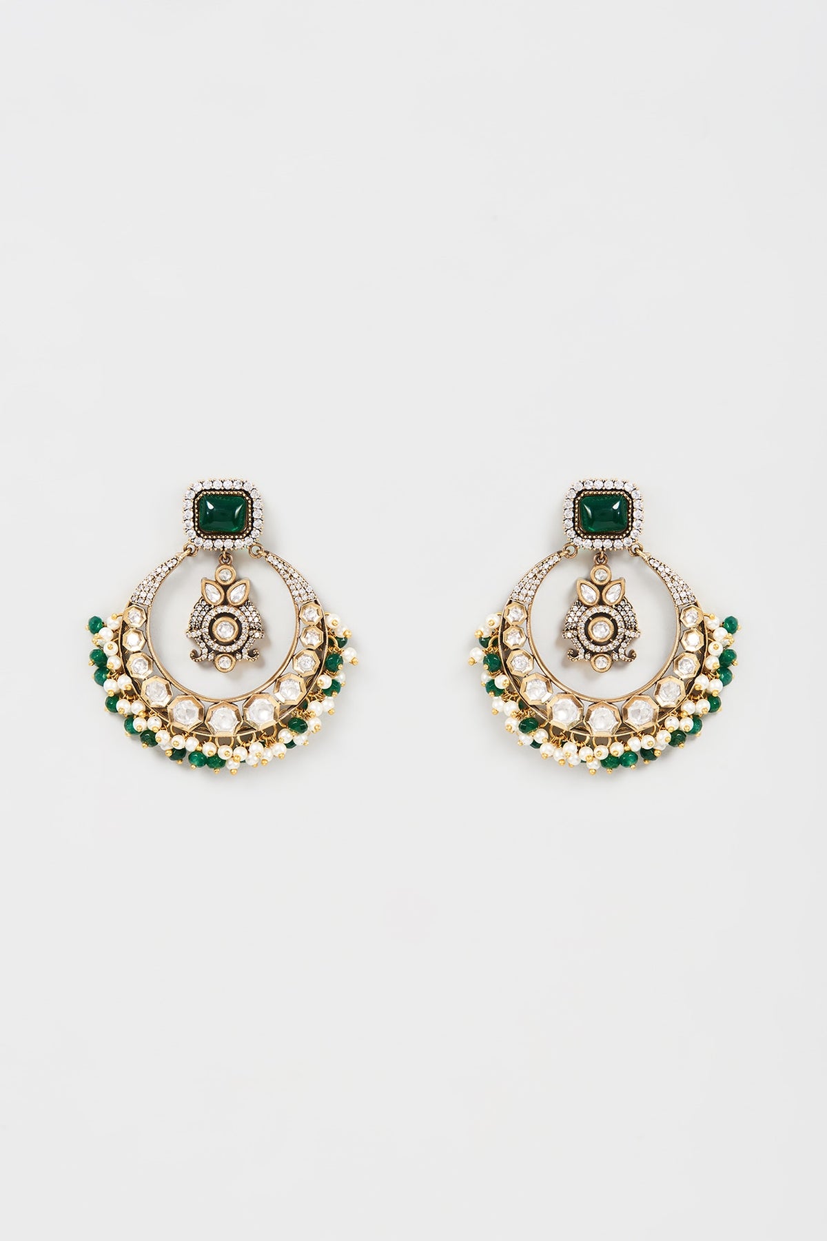 Gold Finish Kundan Polki & Pearl Chandbaali Earrings