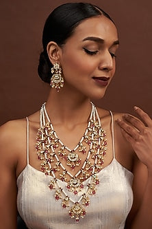 Gold Finish Kundan Polki & Pearl Long Necklace Set