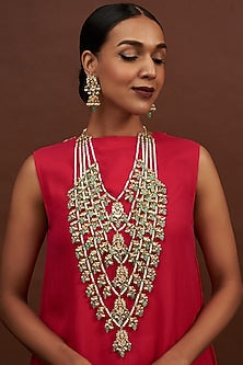 Gold Finish Kundan Polki & Green Stone Long Necklace Set