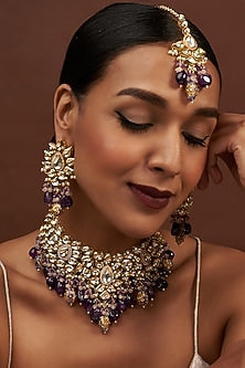 Gold Finish Kundan Polki & Purple Beaded Necklace Set