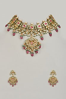 Gold Finish Kundan Polki & Red Stone Choker Necklace Set