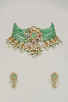 Gold Finish Kundan Polki & Green Stone Choker Necklace Set