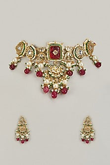 Gold Finish Kundan Polki & Ruby Synthetic Stone Choker Necklace Set