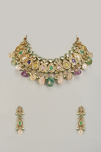 Gold Finish Kundan Polki & Multi-Colored Stone Necklace Set