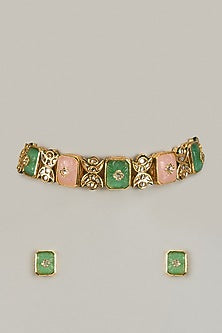 Gold Finish Kundan Polki & Multi-Colored Stone Choker Necklace Set