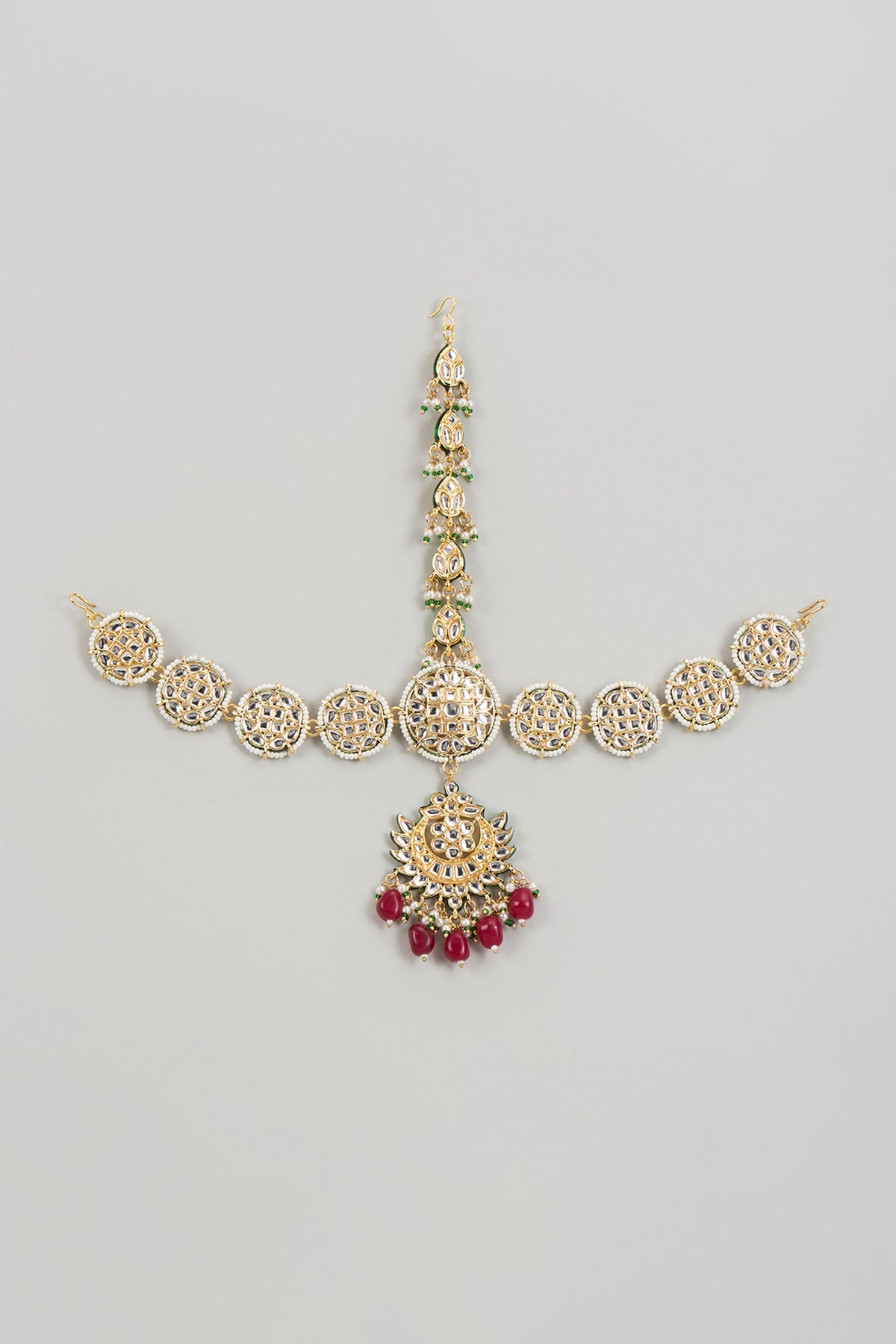 Gold Finish Kundan Polki & Ruby Synthetic Stone Mathapatti