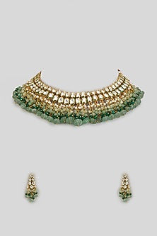 Rose Gold Finish Kundan Polki & Emerald Synthetic Stone Necklace Set