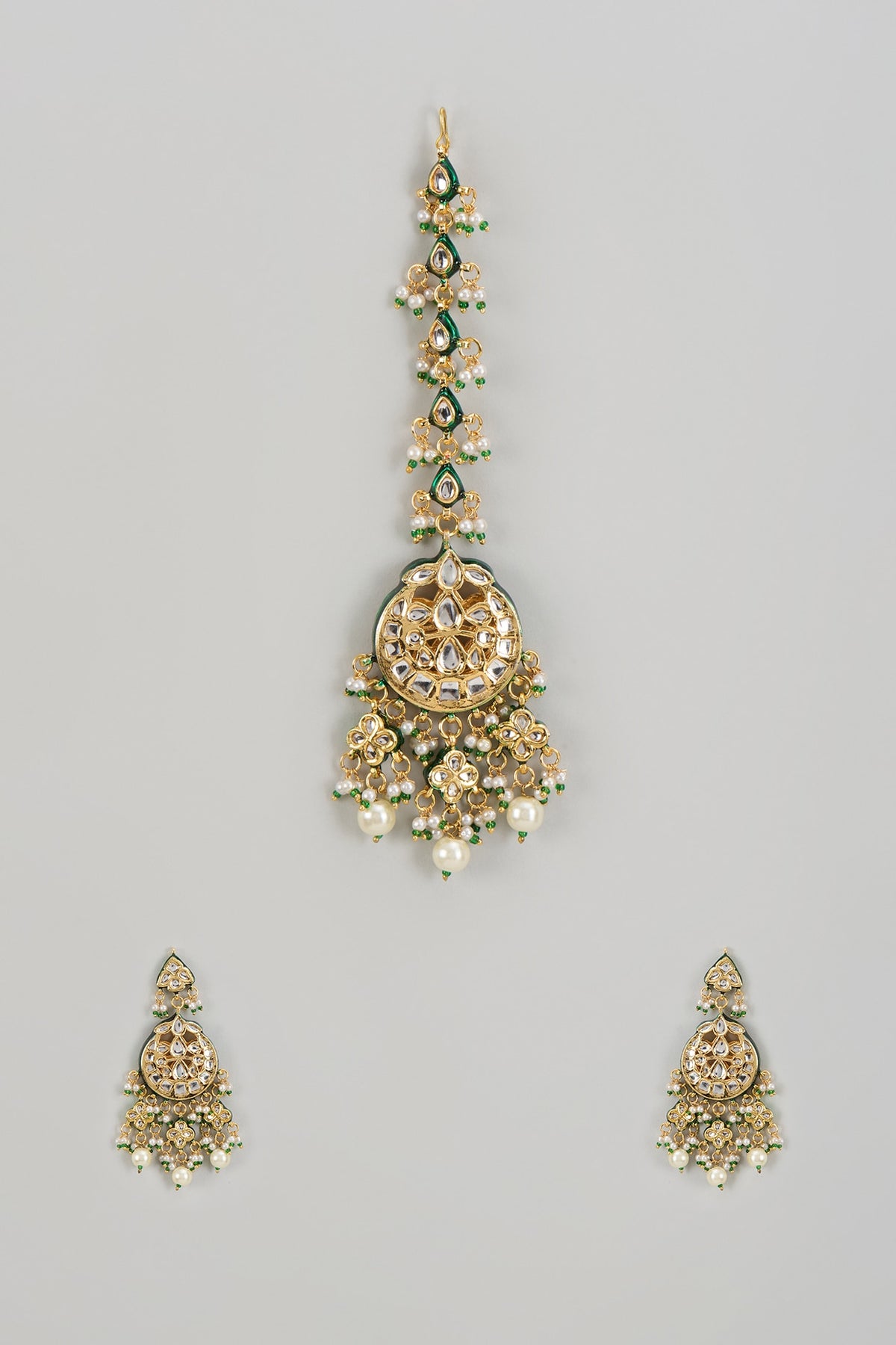 Gold Finish Kundan Polki Dangler Earrings With Maangtikka