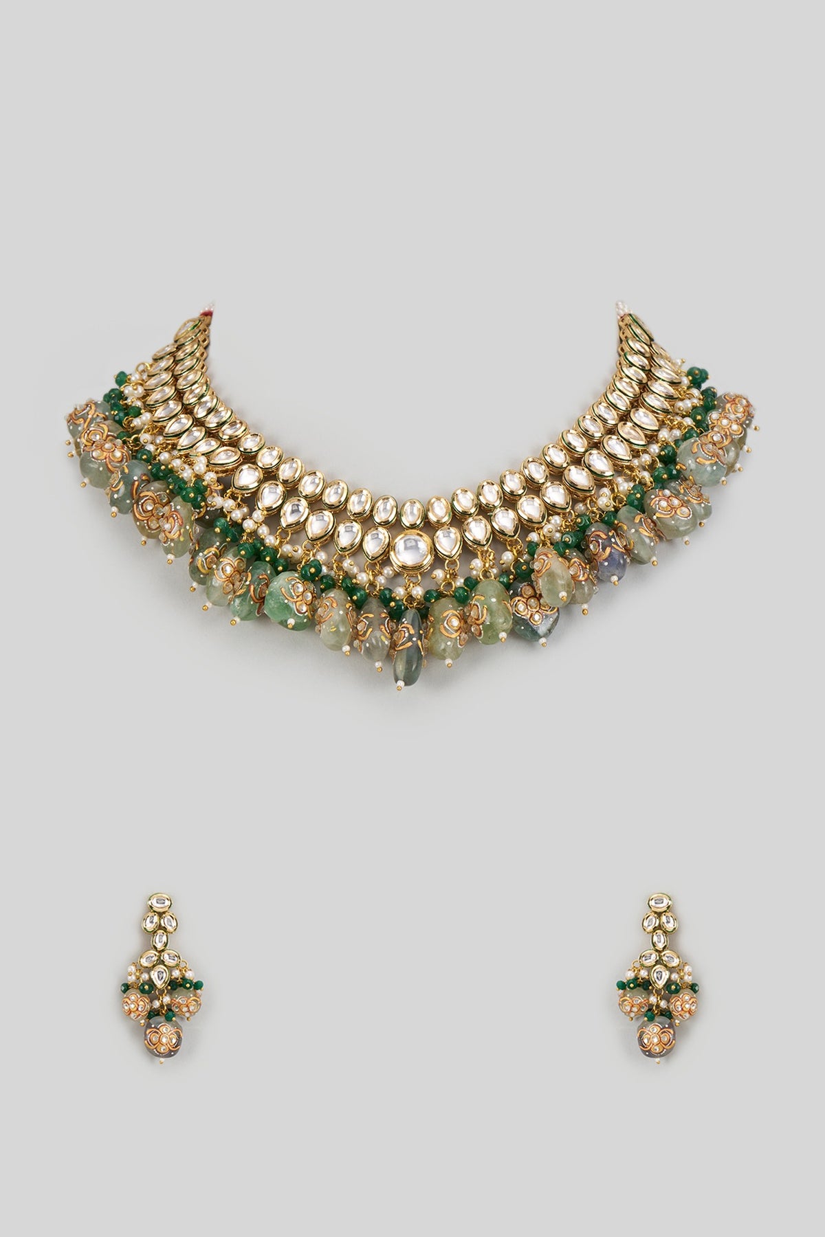 Gold Finish Kundan Polki & Emerald Synthetic Stone Necklace Set